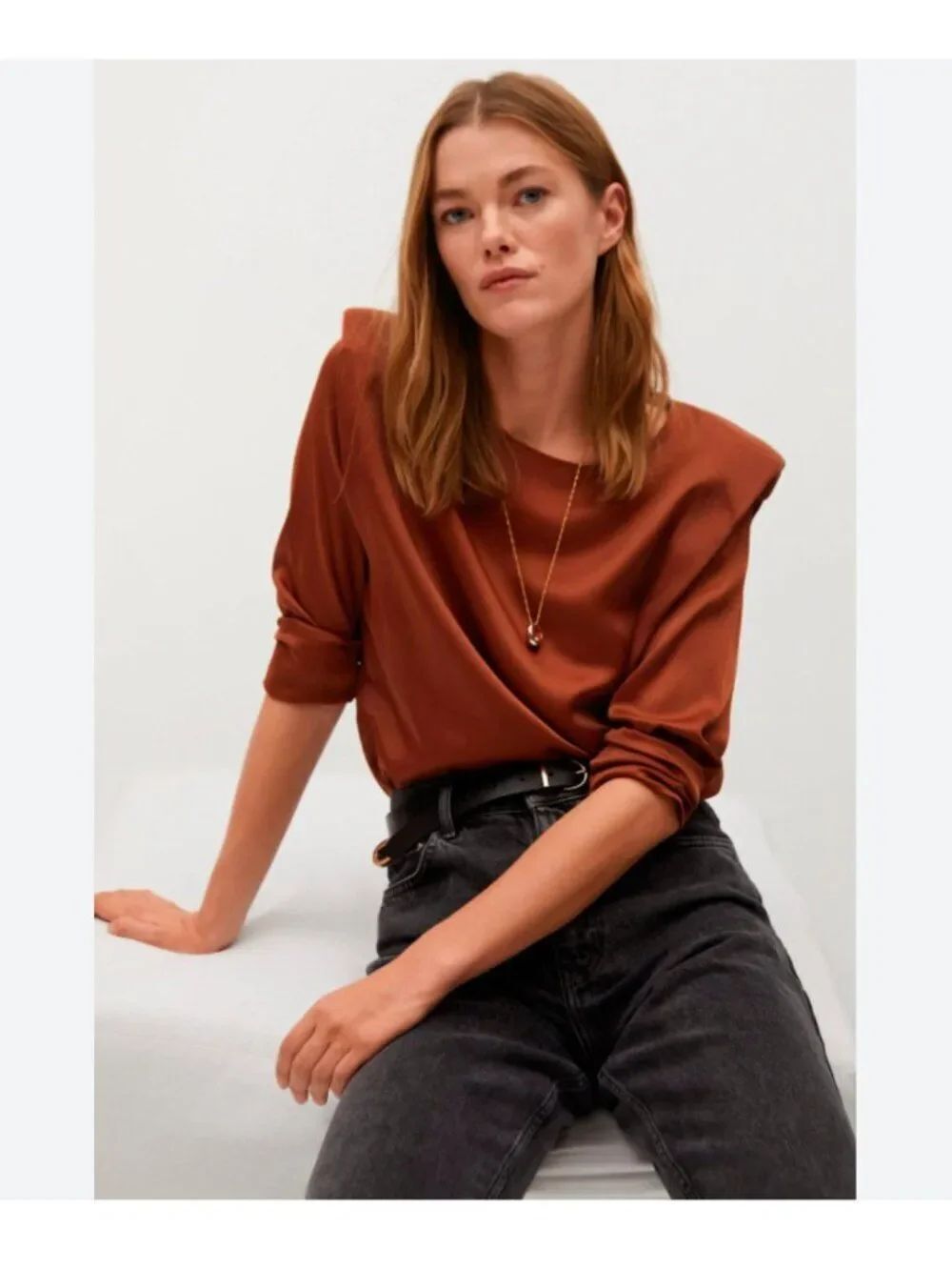 MNG Mango Womens Top XS Brown Rust Orange Satin Blouse Minimalist NWT